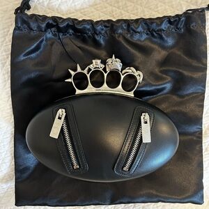 Alexander McQueen Black Oval Knuckle Duster Clutch with Silver Hardware
